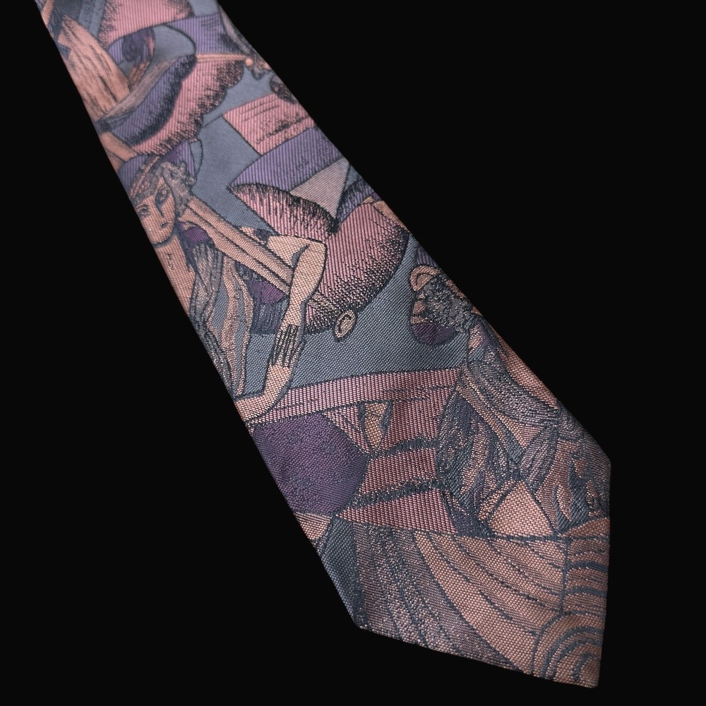 Dino Orsini Vintage Art Deco Illustrative Silk Blend Tie Rose Purple Brown